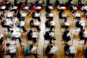 A digitally altered and textured birds-eye-view image of a classroom full of students at desks taking tests.