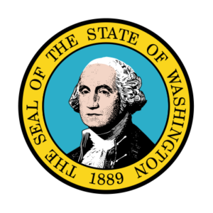 The Seal of the State of Washington 1889 includes graphic style illustration of George Washington