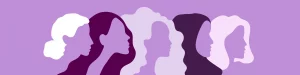 Illustration of overlapping profiles of the heads of 5 diverse women facing to the right, in different shades and tints of purple.